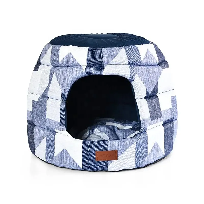 2 in 1 Deformable Foldable Polyester Denim Printed Pet Sofa Cave Cat House Bed