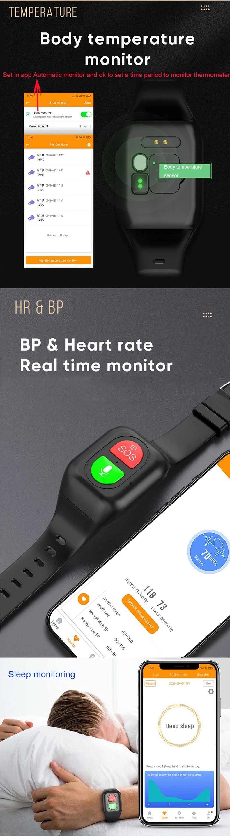 2023 Best Elderly healthcare 4G Panic button SOS GPS bracelet tracker with Heart rate blood pressure SPO2 thermometer fall down detection Y6