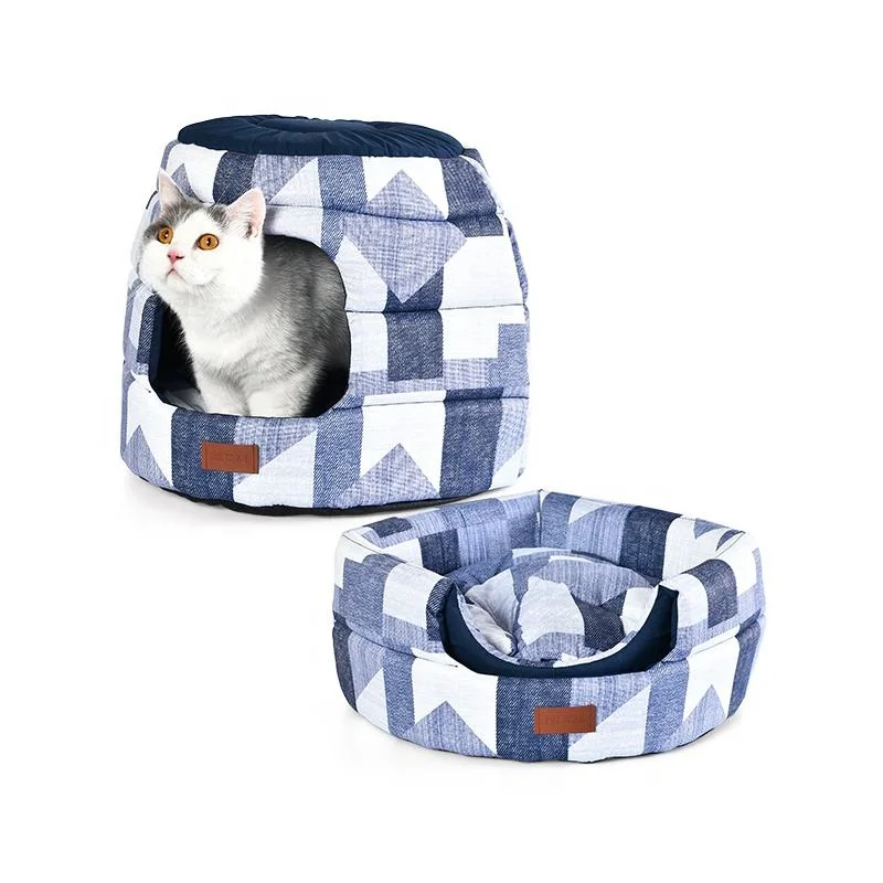 2 in 1 Deformable Foldable Polyester Denim Printed Pet Sofa Cave Cat House Bed